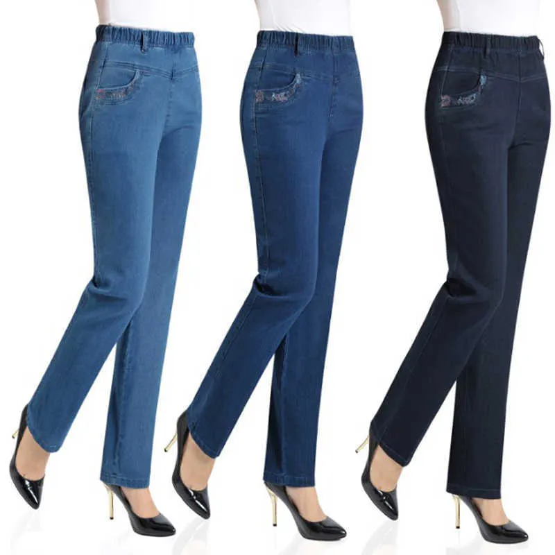 Broderie femmes Jeans pantalons automne hiver taille haute élasticité grande taille décontracté pantalon droit lavage à l'eau coton Jeans H0908