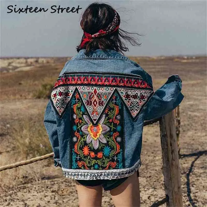 Autumn Boho embroidery Woman denim jacket long-sleeve floral Gypsy blue coat woman casual Loose 210603