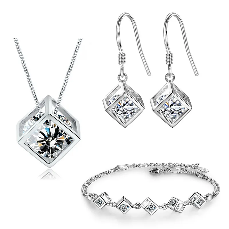 925 Sterling Silver 2019 Simple Geometric Square Love Wedding Jewelry Sets High Quality For Women Bride Gift NE+EA+BR