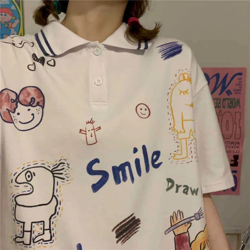 クワイイジャパンポロシャツ楽しい落書き印刷半袖Tシャツ女性ルーズ韓国の学生全体試合原宿コットントップ210526