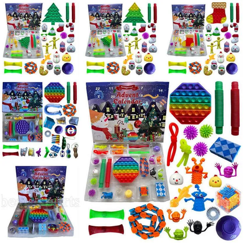 EUA Stock 24 PCS / Set Christmas Fidget Toy Countdown Countdown Calendar Caixas Caixas Sensory Pack 5 Styles Advent Calendar Calendário presentes Caixa de presentes