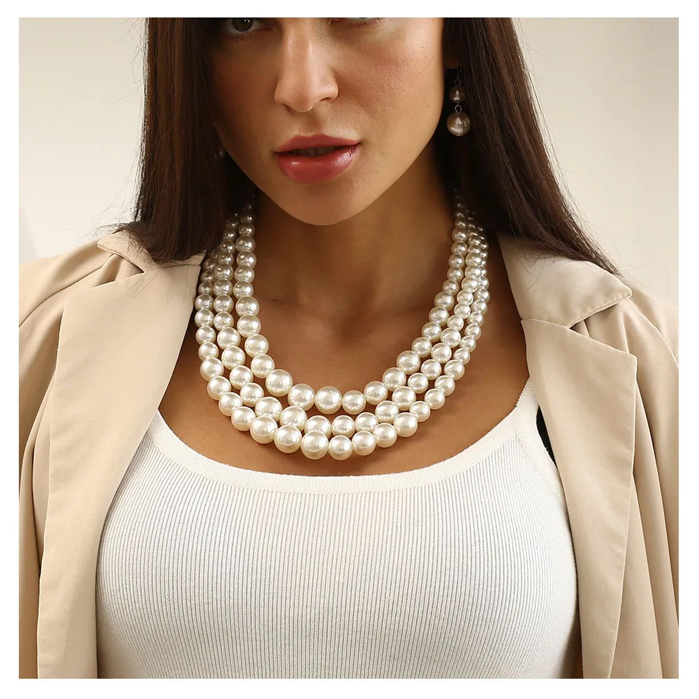 女性模造真珠ビーズアーリングスーツレッドホワイトパープル多層ネックレスブレスレットカラーブラックビーズチェーンカラーボーンチェーンスーツネックレス