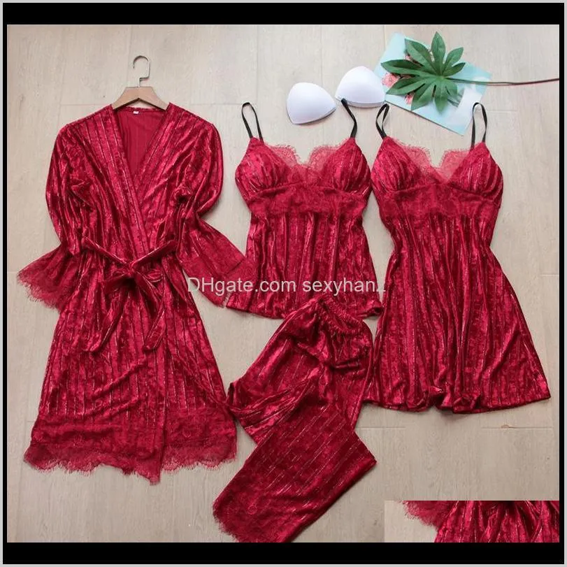 m-xl 4pcs kimono bathrobe robe gown sets sexy velour lady lingerie summer home clothing nightwear bride wedding sleepwear