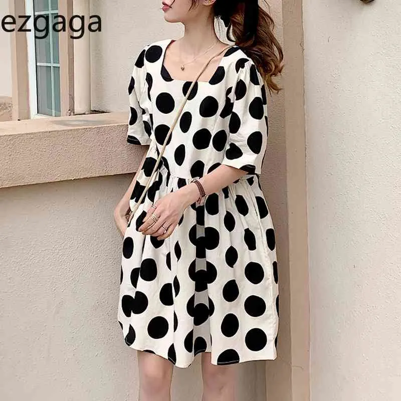 Ezgaga Abito a pois Donna Manica corta Moda coreana Estate Colletto quadrato Allentato Vita alta Abito dolce Abiti casual 210430