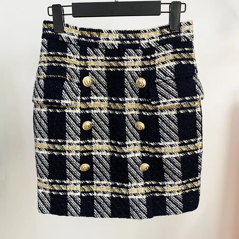 Toppkvalitet Original Design Classic Style Kvinnors Double-Breasted Skirt Metal Buckles Paket Hip Woolen Tweed Zipper Mini Kjolar