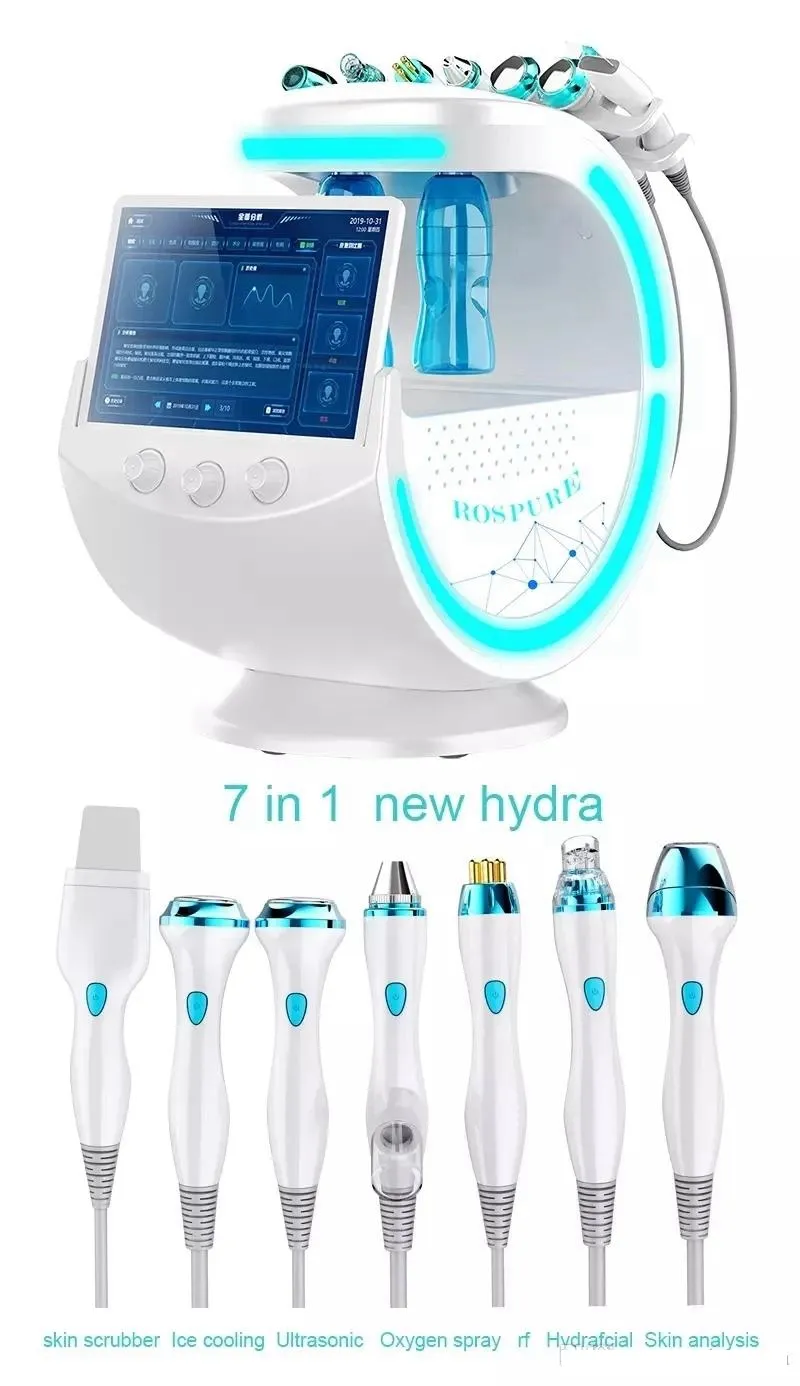 Bärbar 7in1 Hydra Facial Microdermabrassion Ice Blue Magic Spegel Hudanalysator RF Ansikte Lyftande Scrubber Oxygen Sprayer Små bubbla Djuprengöring