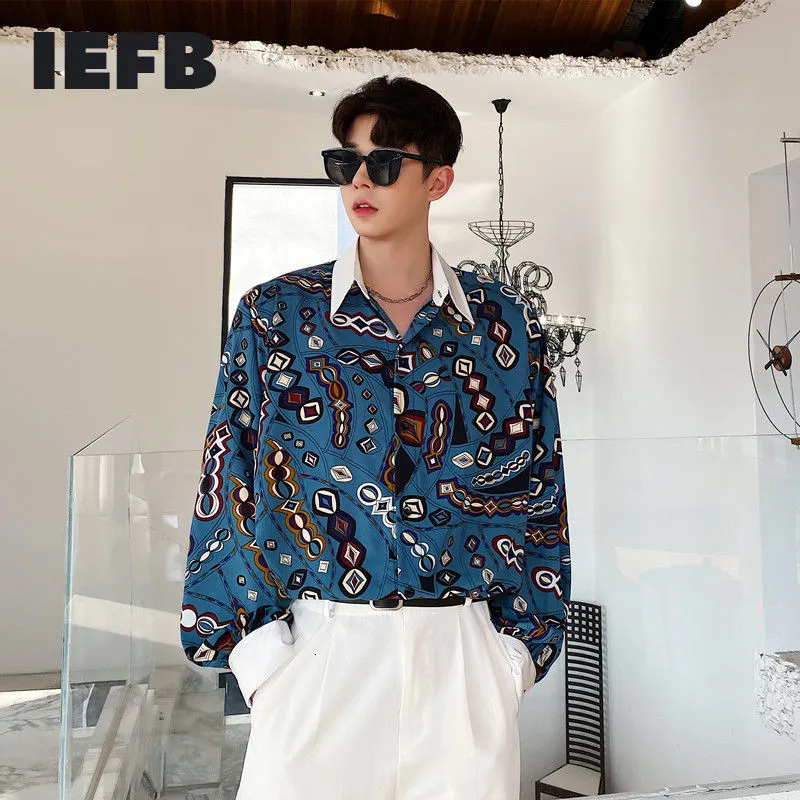 IEFB Kontrast Renk Patchwork Desen Gömlek erkek Gevşek Nedensel Tasarım Uzun Kollu Yaka Tek Göğüslü Kore Trend Tops 9Y7519 210524