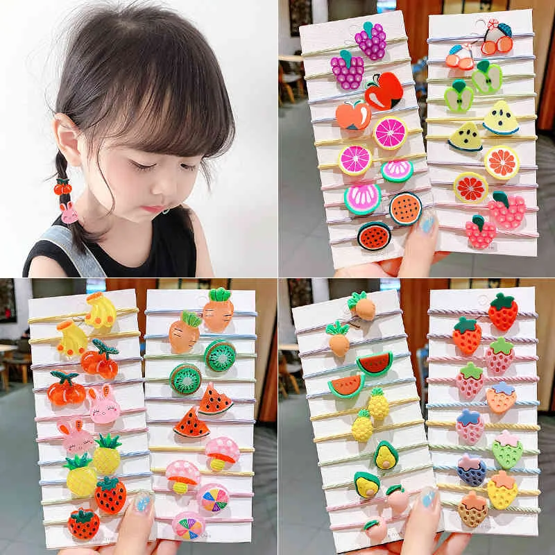 2021 Fashion Girls Cute Cartoon Fruits Elastic Bands Kids Ponytail Holder Scrunchie Rubber Band Funny Hair Accessories