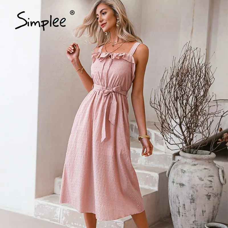 Robe d'été à lacets rose clair à bretelles spaghetti mi-femmes décontractées à volants taille haute à lacets mode sans manches 210414