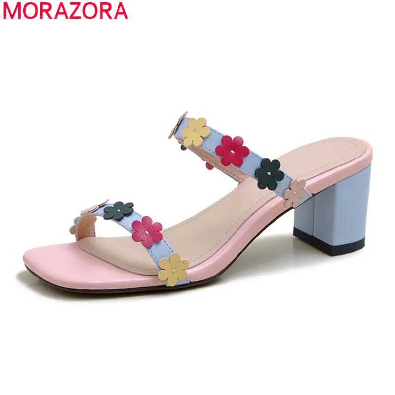 Morazora وصول النساء النعال سميكة الكعوب مربع تو السيدات أحذية أزياء الزهور مختلط الألوان الأحذية امرأة 210506