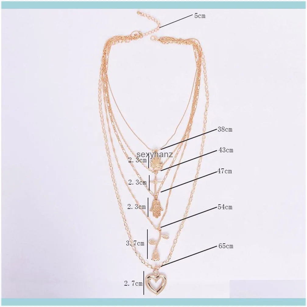 Bohemia Gold Rose Pendant Necklace for Women Multi-layer Heart Cross Leaf Hand Chain Choker Jewelry Collares