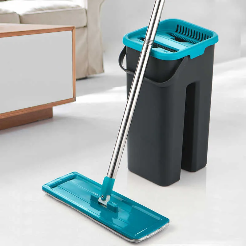 Automatisk Spin Mop med hink Flat Squeeze Hand Gratis Wriming Magic Microfiber Pads Home Kök Golv Rengöring 210805