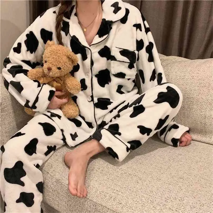 QWEEK Velvet Cow Print Pajama Woman Winter Warm Two Piece Set