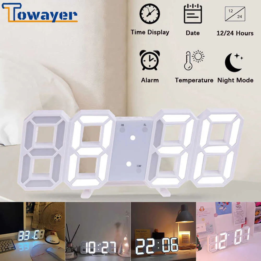 Towayer 3D大型LEDデジタル壁時計日時Celsius Nightlightディスプレイテーブルデスクトップ時計居間から目覚まし時計210930