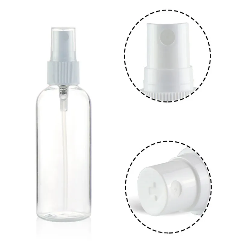 Garrafas de perfume de embalagem vazias 60 ml Pet Spray Clear Spray com pulverizador de névoa fina branca 1500pcslot
