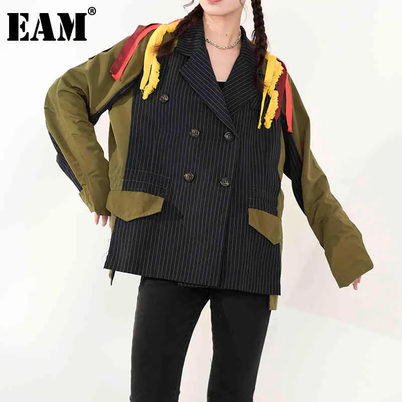[EAM] Loose Fit Green Striped Embroidery Bgi Size Jacket Lapel Long Sleeve Women Coat Fashion Spring Autumn JZ52106 21512