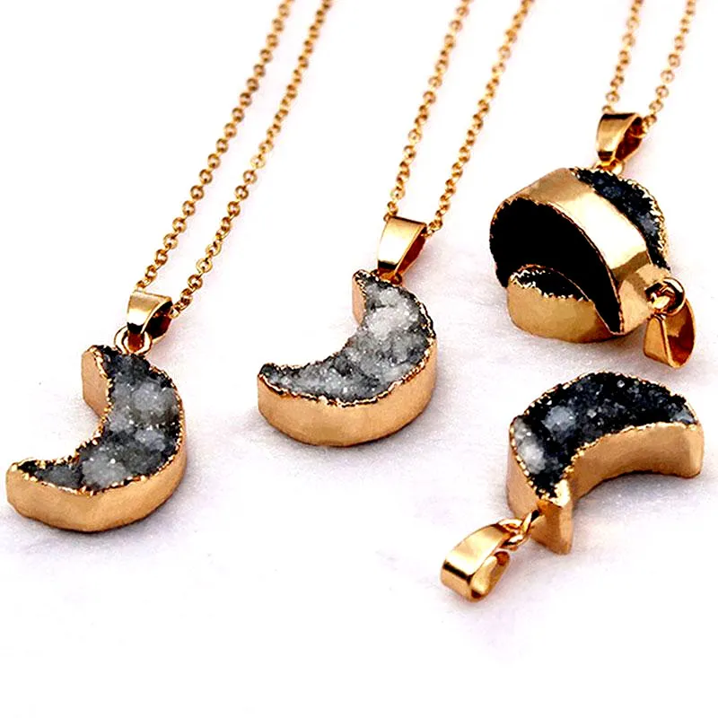 Natural Crystal Stone Druzy Moon Shape Pendant Necklaces Decor Gold Plated Jewelry For Women Men With Chain