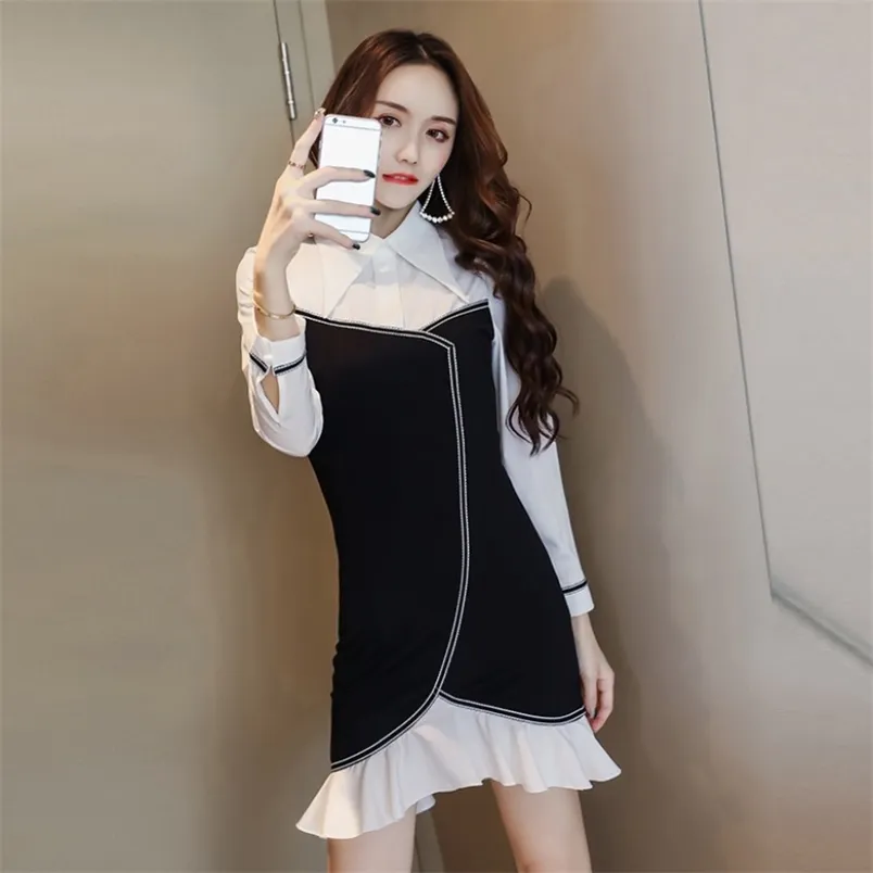 Spring Autumn Women's Dress Korean Style Sexy Stitching Long-sleeved Retro Slim Waist Short Female es LL708 210506