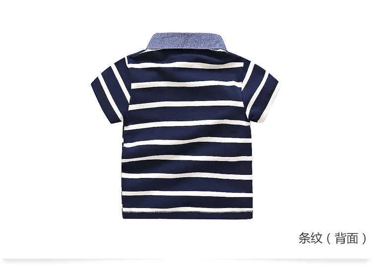  Baby Children Clothing Casual Cotton Short Sleeve Turn-Down Collar Blue White Stripe Print Pocket Kids Teenage Boy T Shirt (3)