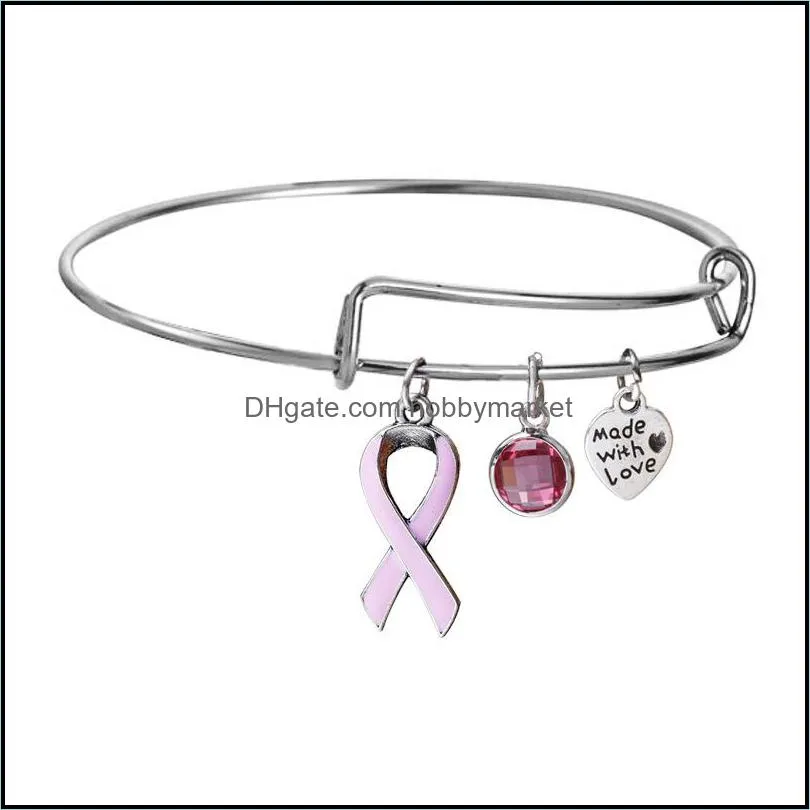 2019 Women Pink Ribbon Charm Bracelets For Female Breast Cancer awareness Extendable Silver Wire Bangle Nursing Survivor Jewelry Gift