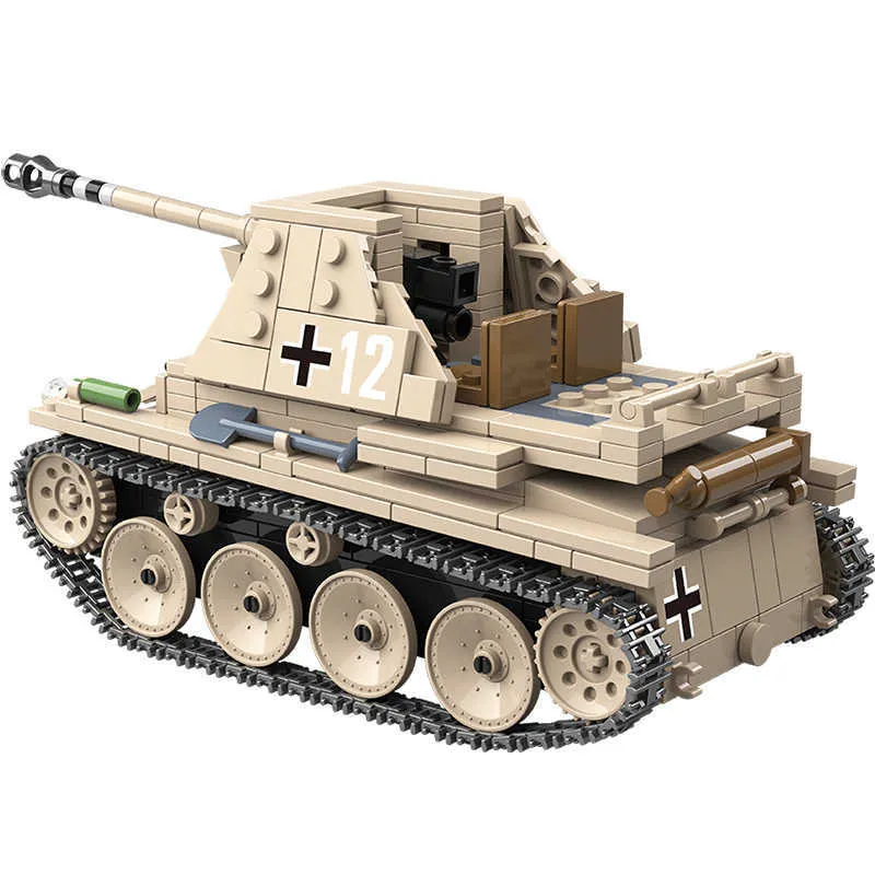 WW2 Militaire 608pcs Allemand Weasel Tank Modèle Building Block Auto-anti-char Arme Armée Soldat Briques Ensembles Enfants Jouets Cadeaux Q0624