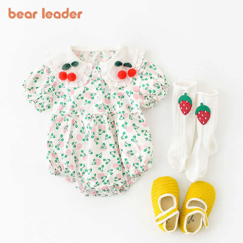 Urso Líder nascido Bebê Flores Bodysuits Casuais Moda Moda Meninas Verão Verão Cherry Romper Bebes Ruffles Jumpsuit 0-2 Anos 210708