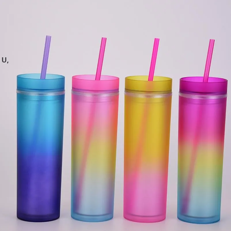 450 ml Gradiënt Kleur Tumbler met rietjes Zomerfeest Drankjes Cup Herbruikbare Plastic Skinny Tumblers RRA12474