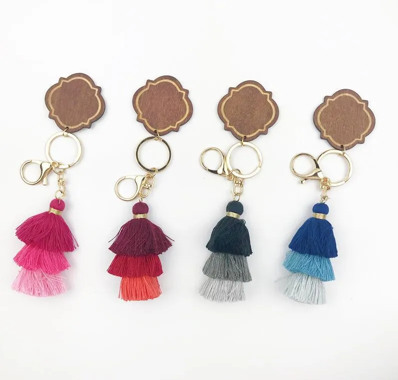 Personalized Wooden Keychain Party Favor Three-layer Cotton Tassel and Chip Pendant Key Ring Multicolor DD771