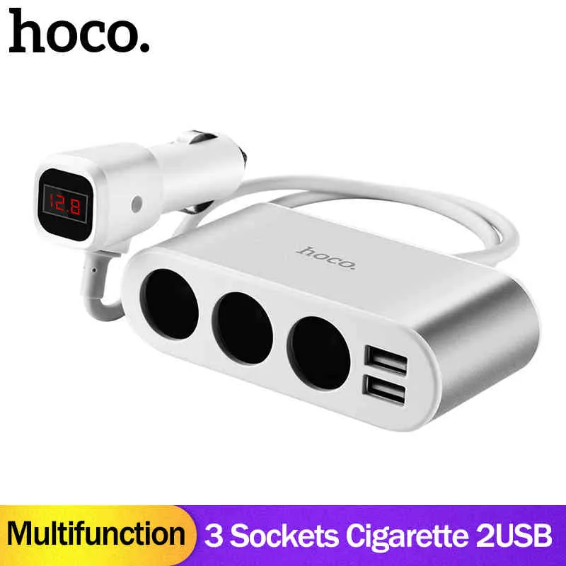 HOCO Autoladegerät, 3 Steckdosen, Zigarettenanzünder-Adapter, Splitter, 2 USB-Autoladegeräte mit Digitalanzeige, Spannungsmesser, Mobiltelefone