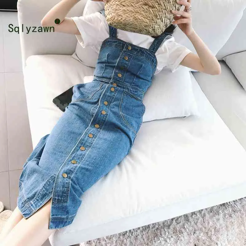 Sommer Frauen Einreiher Denim Kleid Sommerkleid Sarafan Overalls Kleid Vintage Blau Sexy Bodycon Weibliche Strap Jeans Kleid 210709