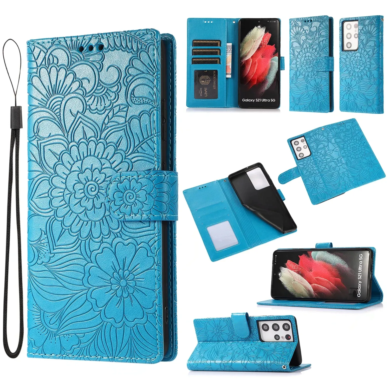 Fundas para teléfono tipo billetera para Samsung Galaxy S22 S21 S20 Note20 Ultra Note10 Plus Funda con tapa de cuero PU con estampado de flores y función atril con ranuras para tarjetas
