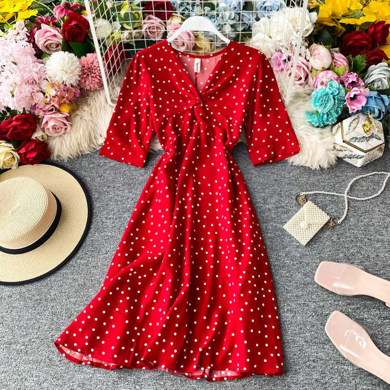 Women Summer Dress V-neck Short Sleeve Mini Red Beach Style Polka Dot Chiffon Dress Boho Clothing Roupas Feminina 210625