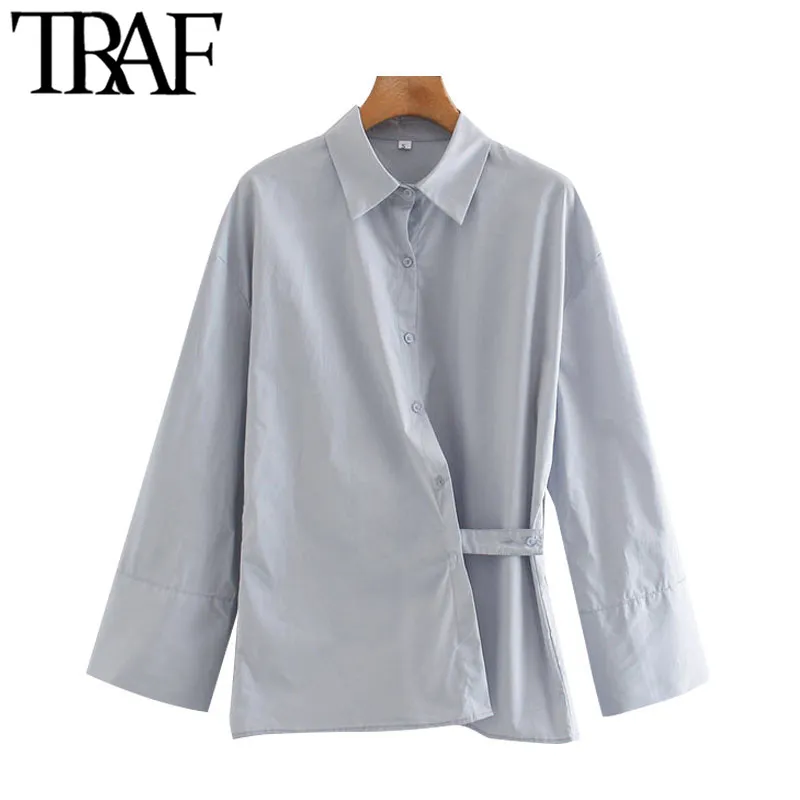 TRAF Women Fashion With Buttons Crossover Blouses Vintage Long Sleeve Loose Female Shirts Blusas Chic Tops 210415