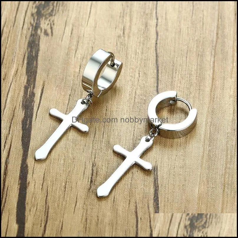 Black Gold Silver Color Drop Earrings For Women Men Punk Small Circle With Cross Stainless Steel Drop Earring Unisex