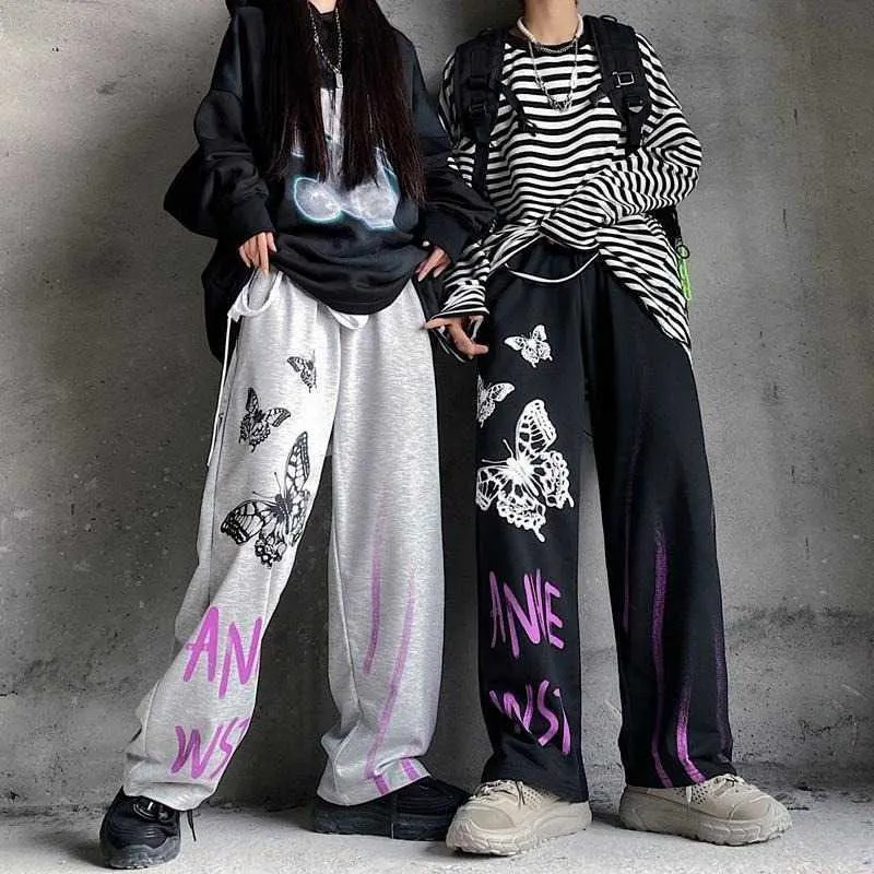 Qweekヴィンテージストリートウェア女性のファッション2021原宿プリントパンツ女性韓国風ワイドレッグパンツゴスモールEMO Q0801