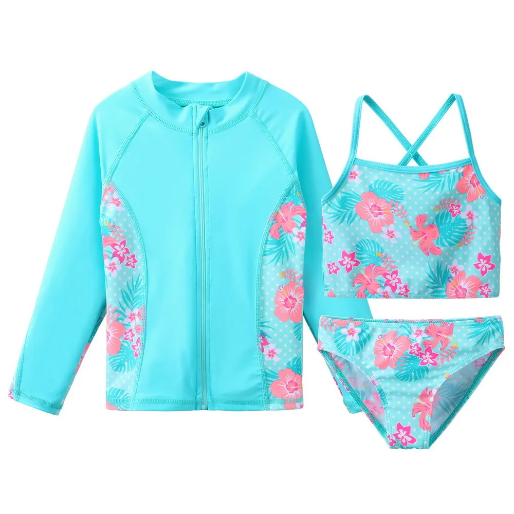 Baohulu filles maillot de bain à manches longues Protection solaire maillots de bain enfants fleur imprimer trois pièces plage maillots de bain Bikini