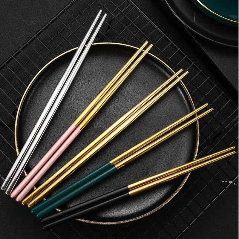 New21cm guld silver rostfritt stål ätpinnar kinesisk mat tvåton anti skid chopsticks restaurang hotell bärbar porslin llb10097