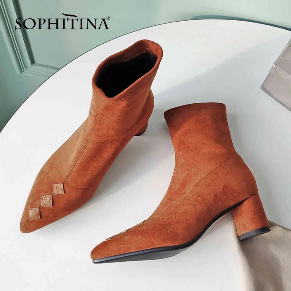 SOPHITINA Women s Sock Bootie Suede Leather Ankle Boots Pointed Toe Round Heel Fashion Autumn Shoes Blue Women Shoes PO727 210513
