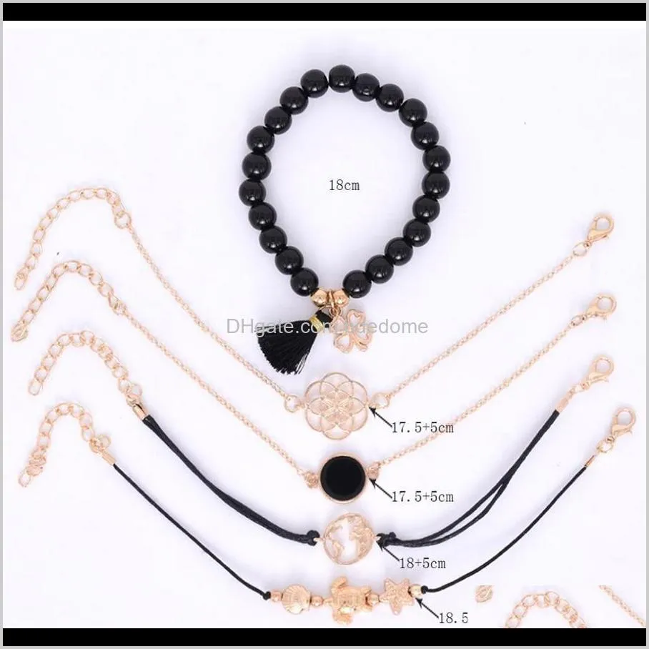 bracelets set bule black beaded bracelet with tassel pendant flower star map shell turtle compass charm rope gold color plated metal