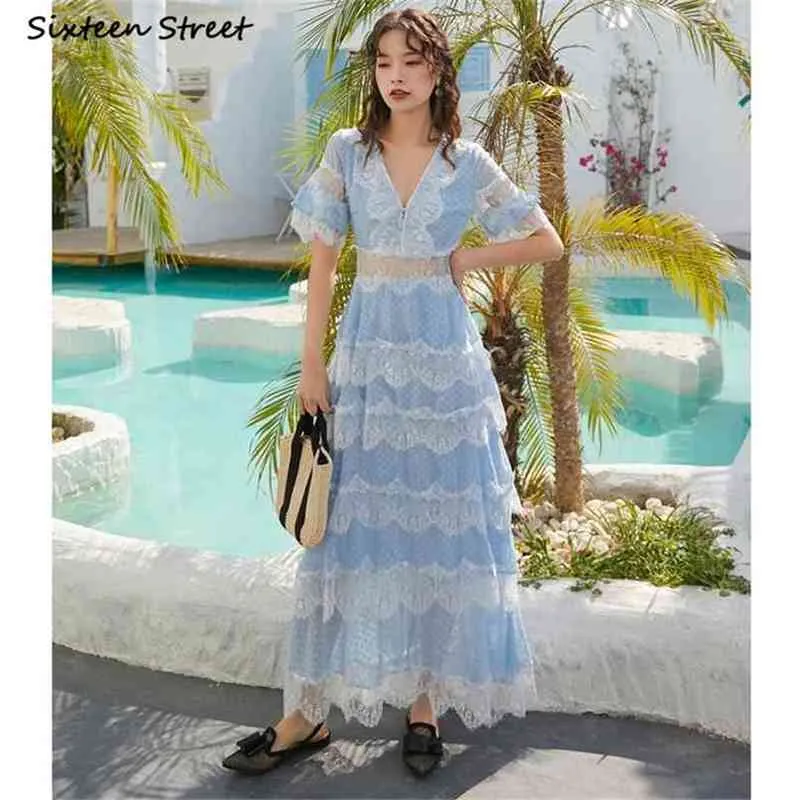 Sommar strand klänning kvinna blå spets v-neck semester kvinnlig vestido hög midja vintage parti es kläder 210603