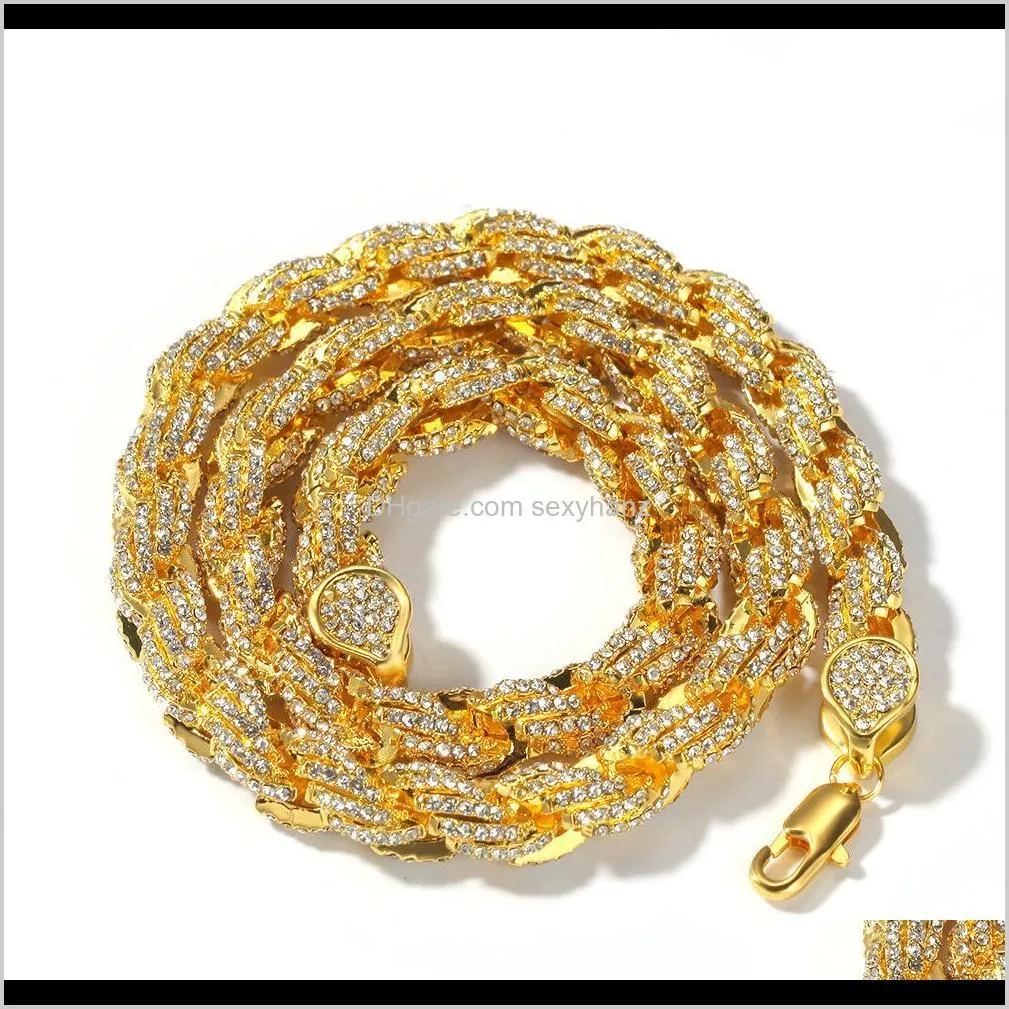 alloy inlay drill 9mm rope chain necklace gold color iced rhinestones hip hop necklaces jewelry men women