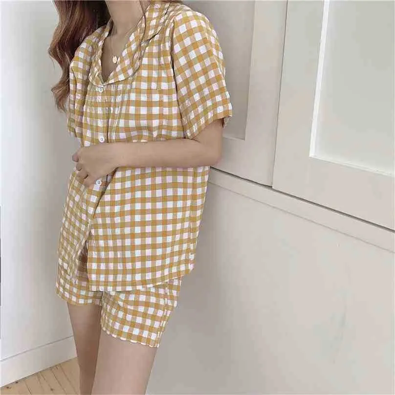 Plaid Summer Chic Women Girls Pajamas Sets Comfortable Sleepwear All Match Loose Sweet Homewear Clothe 210525