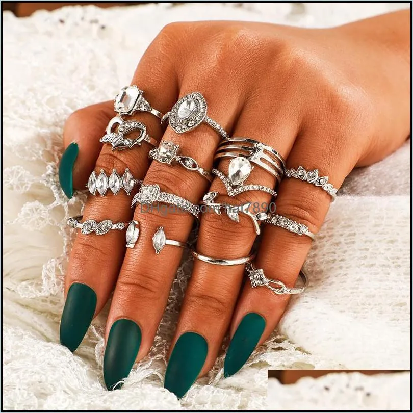 15 Pcs/Set Vintage Bohemian Geometric Wave Knuckle Rings Sets For Women Retro Silver Finger Rings Jewelry Wedding YC