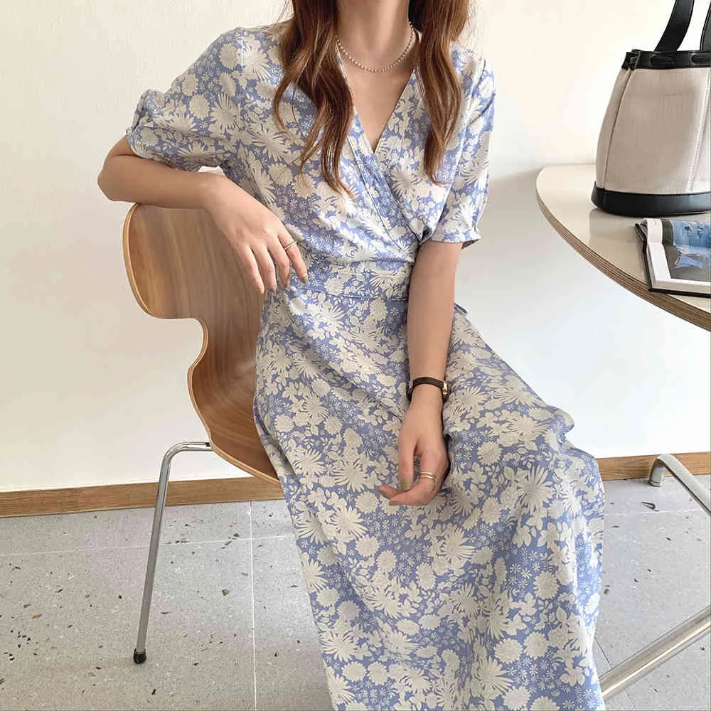 Yaz V Boyun Wrap A-Line Baskı Elbise Japonya Tarzı Kadınlar Kadın Yaz Zarif Robe Elbise 210515