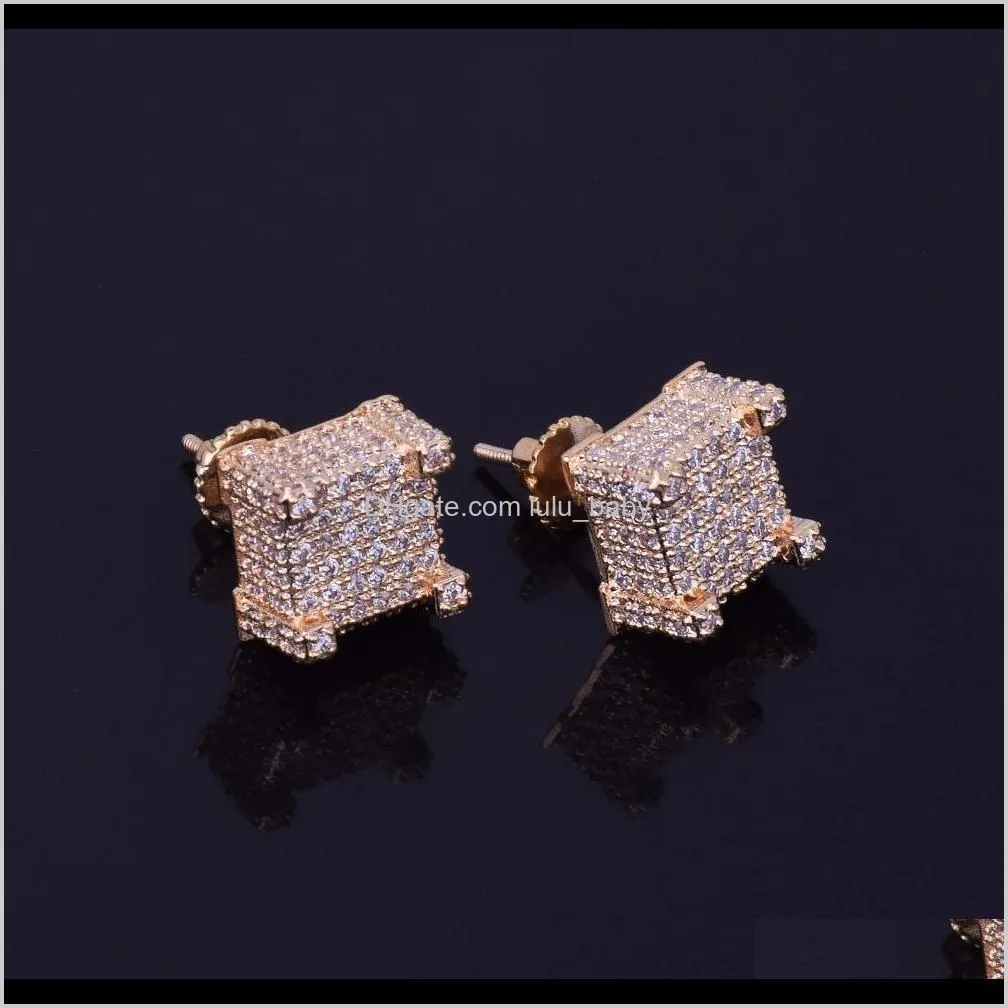 10x10mm mens zircon earring hip hop style copper material iced bling cz square stud earrings screw-back fashion jewelry