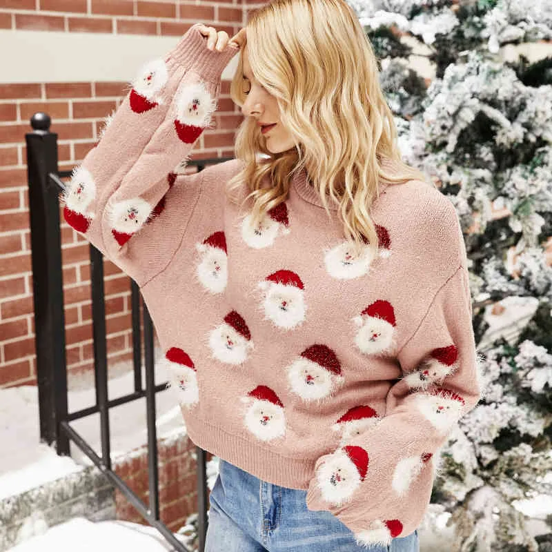 Casual Woman Oversized Pink Appliques Christmas Sweaters Autumn Winter Sweet Girls Snowman Knitwear Female Chic Loose Tops 210515