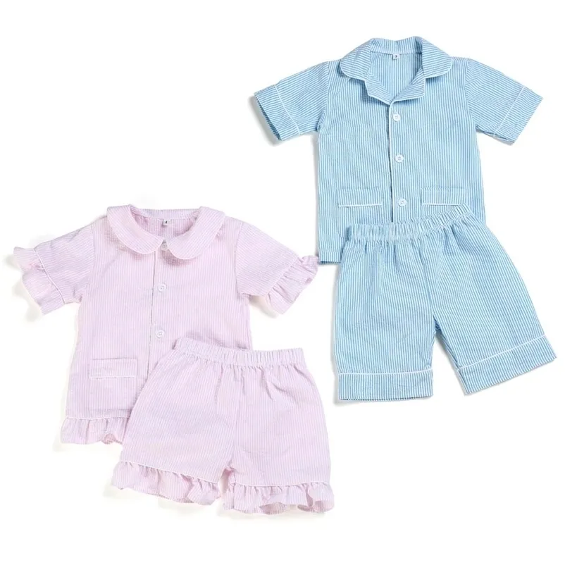 EST Matching Blue Stripe Nightwear Seersucker 100% coton Pyjama d'été pour enfants pour garçons 211130