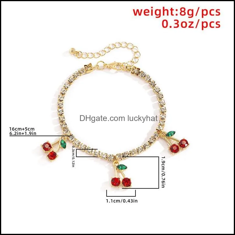 Sweet Girls Red Cherry Charm Bracelets Retro Alloy Fruit Diamond Hand Chains European Women Singe Layer Business Wind Bracelet Jewelry Accessories