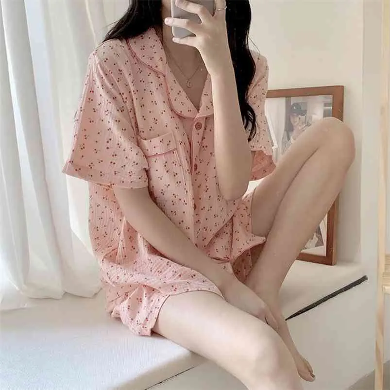 Qweek Cotton Pajamasの女の子韓国のパジャマの女性夏のピジャマスチェリープリント寝室甘いホームウェア半袖ナイトウェア210831