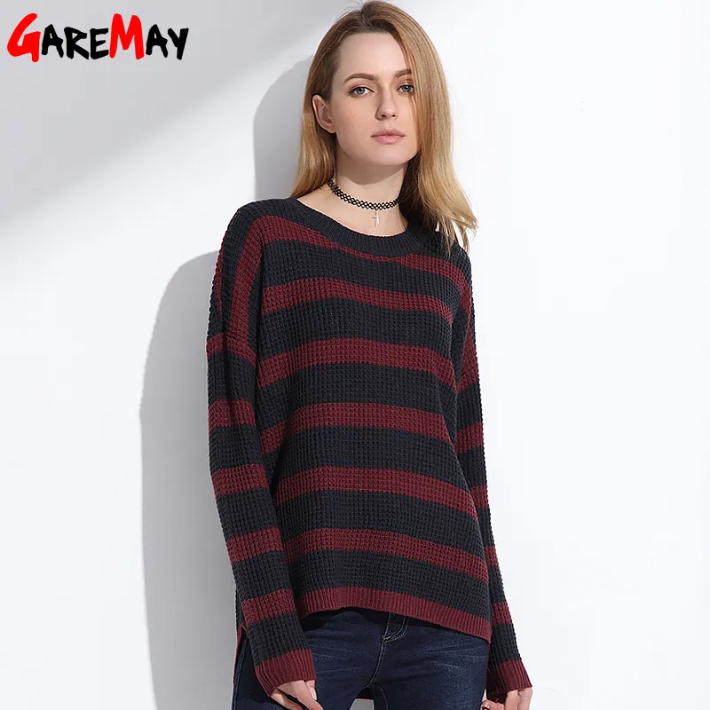 Long Striked Sweater Pullover Kvinnor Vår Plus Storlek Jumpers Oversized Striped Shirt Knitwear Kvinna Toppar 210428